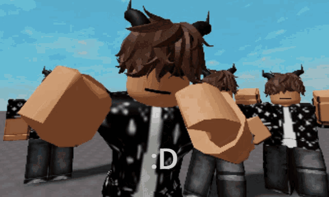 a group of roblox characters are standing next to each other and one has the letter d on his back