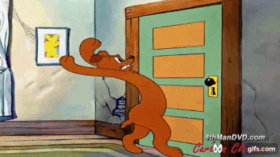 a cartoon of a dog standing in front of a door with 8thmandvd.com written on the bottom