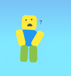 a yellow roblox character with a blue shirt and green legs has a question mark above his head