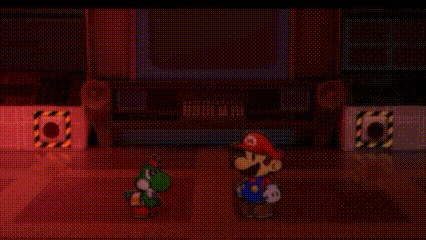 a pixel art of mario and yoshi standing next to each other in a dark room .