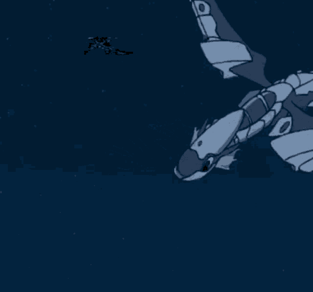 a cartoon drawing of a robotic dragon flying in the sky