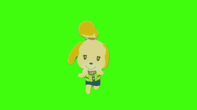 isabelle from animal crossing is dancing on a green screen .