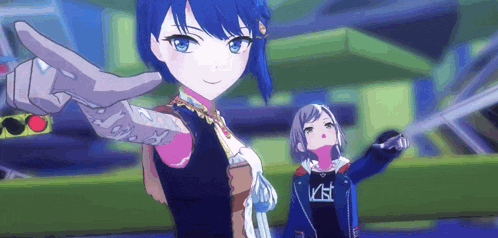 a couple of anime girls are standing next to each other and one of them is holding a gun .