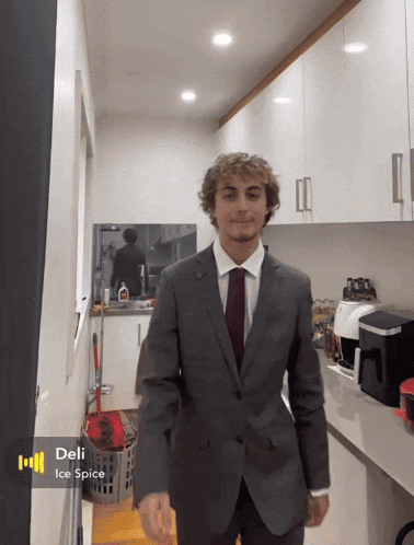 a man in a suit and tie is standing in a kitchen with the words deli ice spice on the bottom right