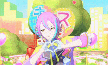 a girl with pink hair making a heart shape