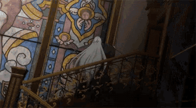 a ghost is walking down a set of stairs in front of a stained glass window