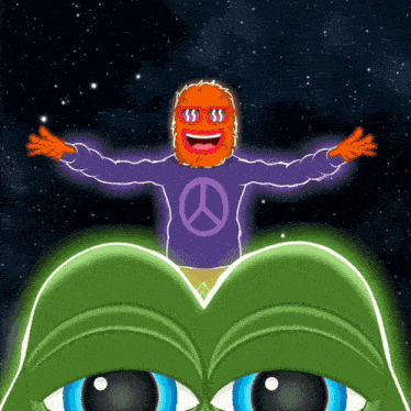 a cartoon character wearing a purple peace sign sweatshirt