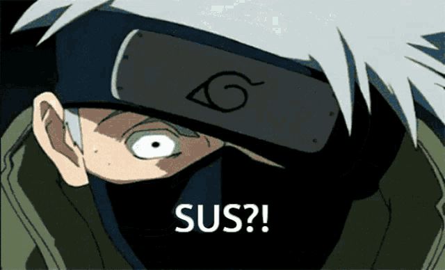a cartoon character with a mask on his face and the words sus written below him