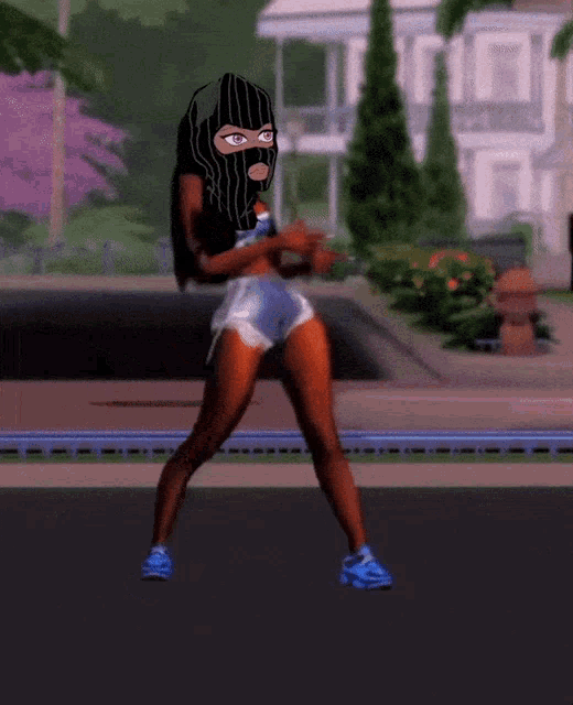 a woman wearing a ski mask and shorts is dancing