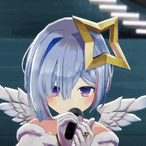 a girl with wings and a star on her head sings into a microphone