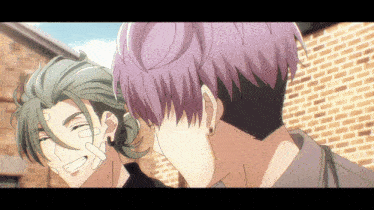 two anime characters one with purple hair and the other with green hair