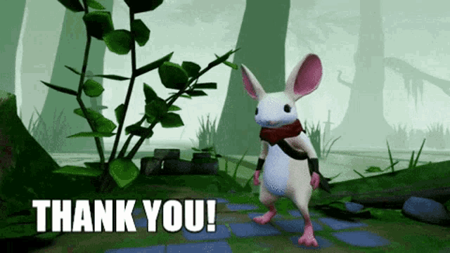 a video game character says thank you with a rabbit