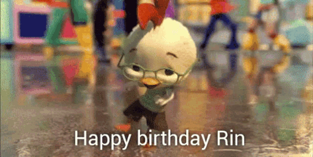 a cartoon chicken with glasses is dancing with the words happy birthday rin below it .