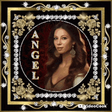 a picture of a woman in a gold frame with the word angel on it