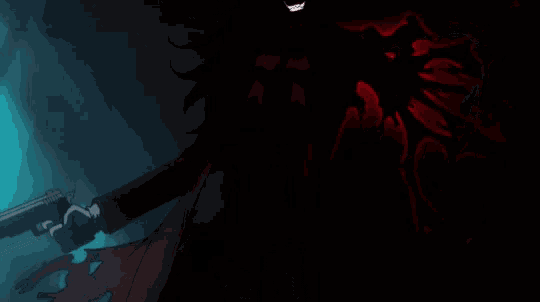 a cartoon character with red eyes is holding a gun in the dark