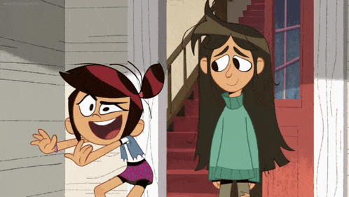 a cartoon of two girls standing next to each other with the letters k on the bottom