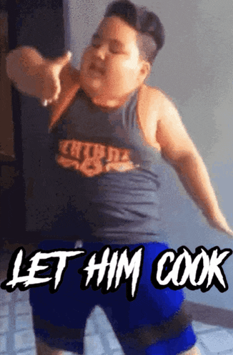 a fat boy in a tank top and shorts is dancing and says let him cook