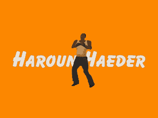 an orange background with the name haroun haeder written on it