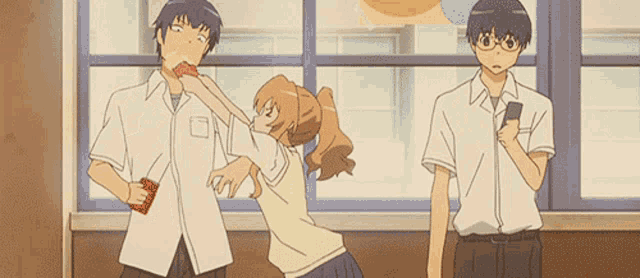 a group of anime characters are standing in front of a window one of them is eating a watermelon