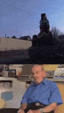 a man wearing a mask is standing on a tree stump next to an older man wearing a watch