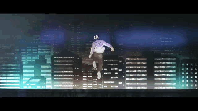 a man in a purple hoodie is jumping over a city skyline at night