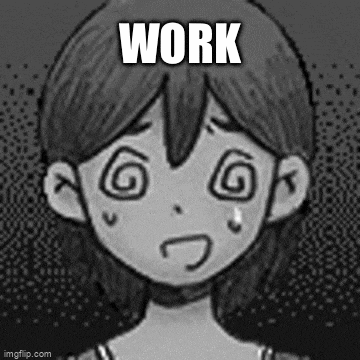 a black and white drawing of a girl with a swirl in her eyes and the words `` work '' .
