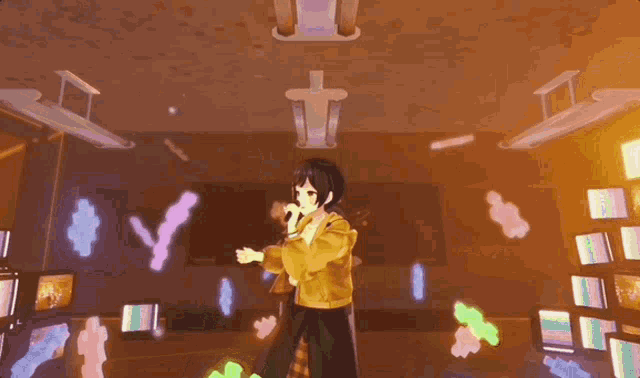 a girl in a yellow jacket is standing in a room with a cross in the background and smoke coming out of her mouth .