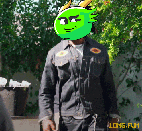 a man wearing a denim jacket has a green cartoon face on his head and the words long fun below him