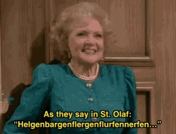 a woman in a blue jacket and pearls says as they say in st. olaf helgenbergenflergenflurfennerfen .