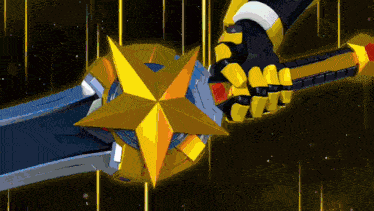a robotic hand is holding a sword with a star on it