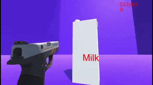 a gun is pointed at a carton of milk on a purple background