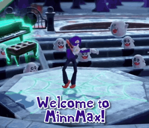 a video game character is dancing in front of ghosts and says welcome to minnmax