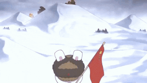 a cartoon character is holding a red flag in the snow