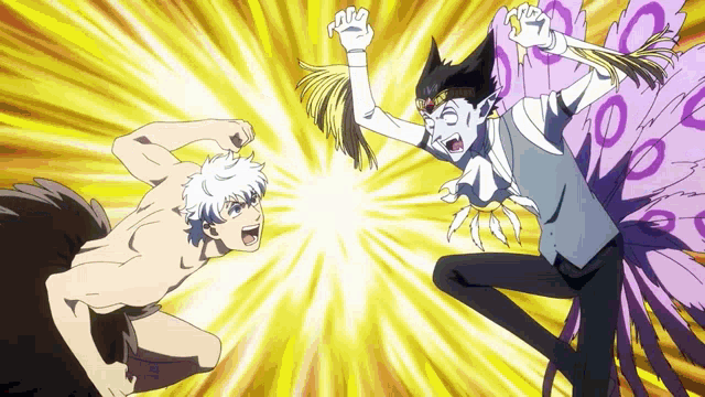 two cartoon characters are fighting each other and one has a purple tail