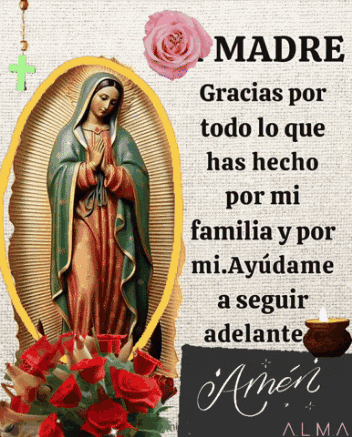 a poster with a statue of the virgin mary and the words madre gracias por todo lo que has hecho por mi familia