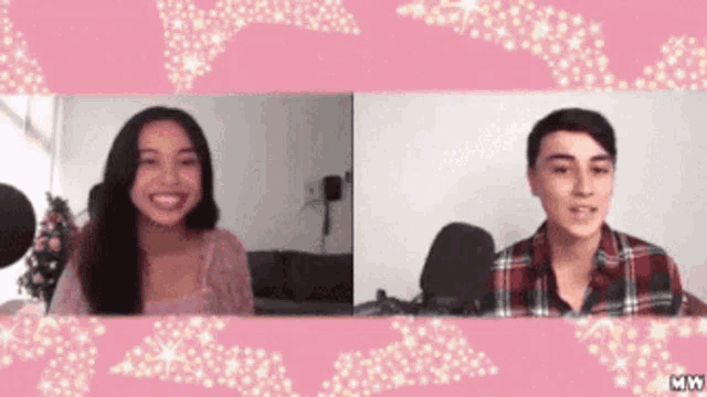 a man and a woman are having a video call with a pink background