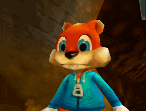 a cartoon squirrel wearing a blue jacket with a letter b on it