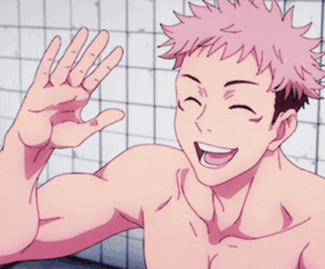 a shirtless anime character with pink hair is waving his hand