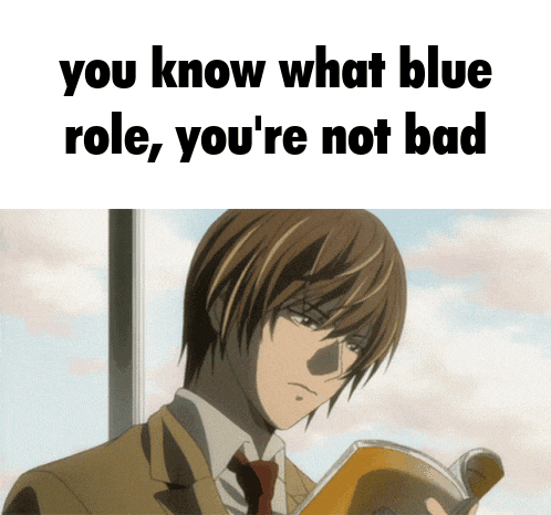 a man in a suit and tie is reading a book with the words " you know what blue role you 're not bad " below him
