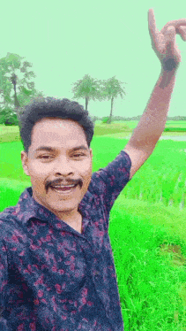 a man with a mustache is taking a selfie in front of a field of green grass .