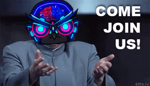a man in a suit with an owl on his head is pointing at the words come join us