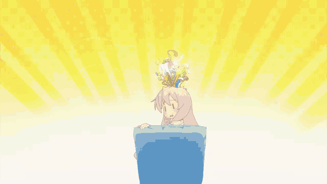 a girl in a blue cup with confetti coming out of it