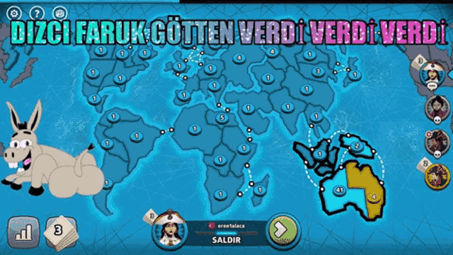 a cartoon donkey is standing next to a map of the world with the words dizi faruk gotten verdi verdi verdi