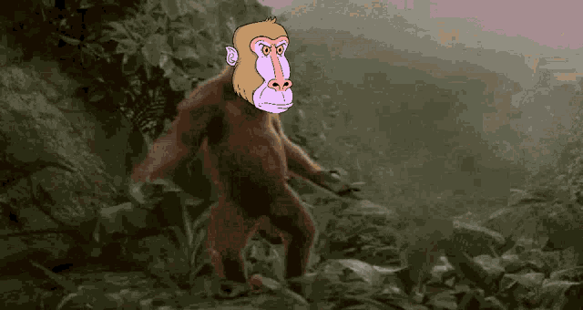 a cartoon monkey with a purple nose is walking through a forest