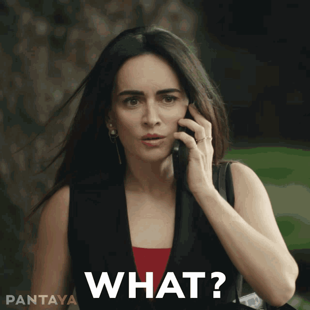 a woman is talking on a cell phone and the word what is on the bottom