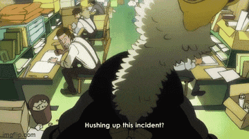a cartoon of a man sitting at a desk with the words hushing up this incident