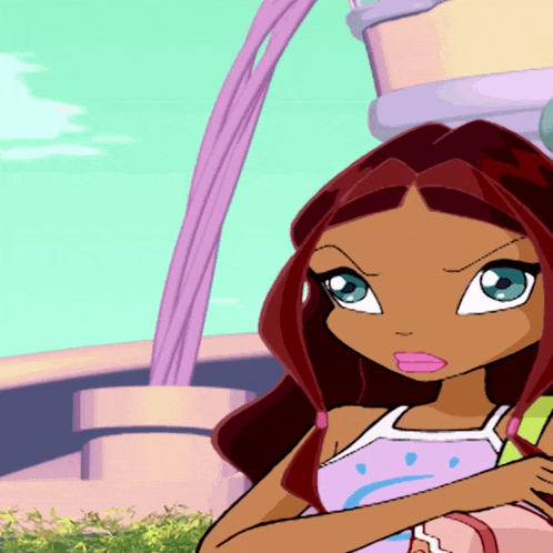 a cartoon girl with red hair and blue eyes is standing in front of a building