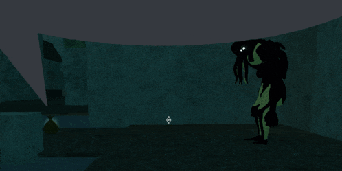 a computer generated image of a monster with glowing eyes in a dark room