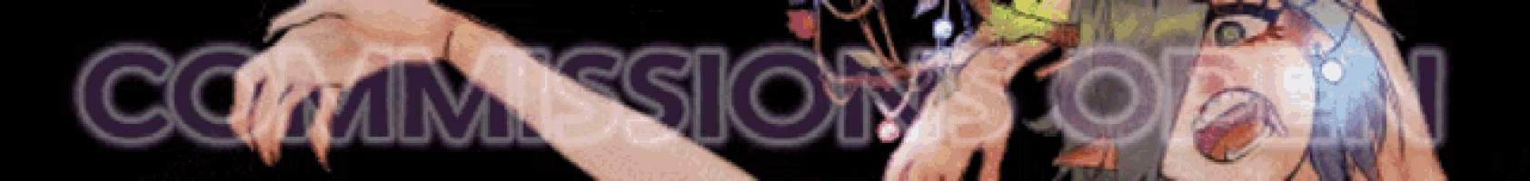 a picture of a girl with the words " commissions open " behind her