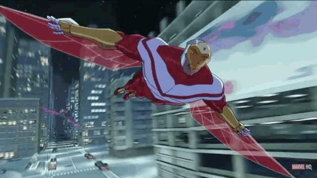 a cartoon of a superhero flying over a city with a marvel hq logo in the corner